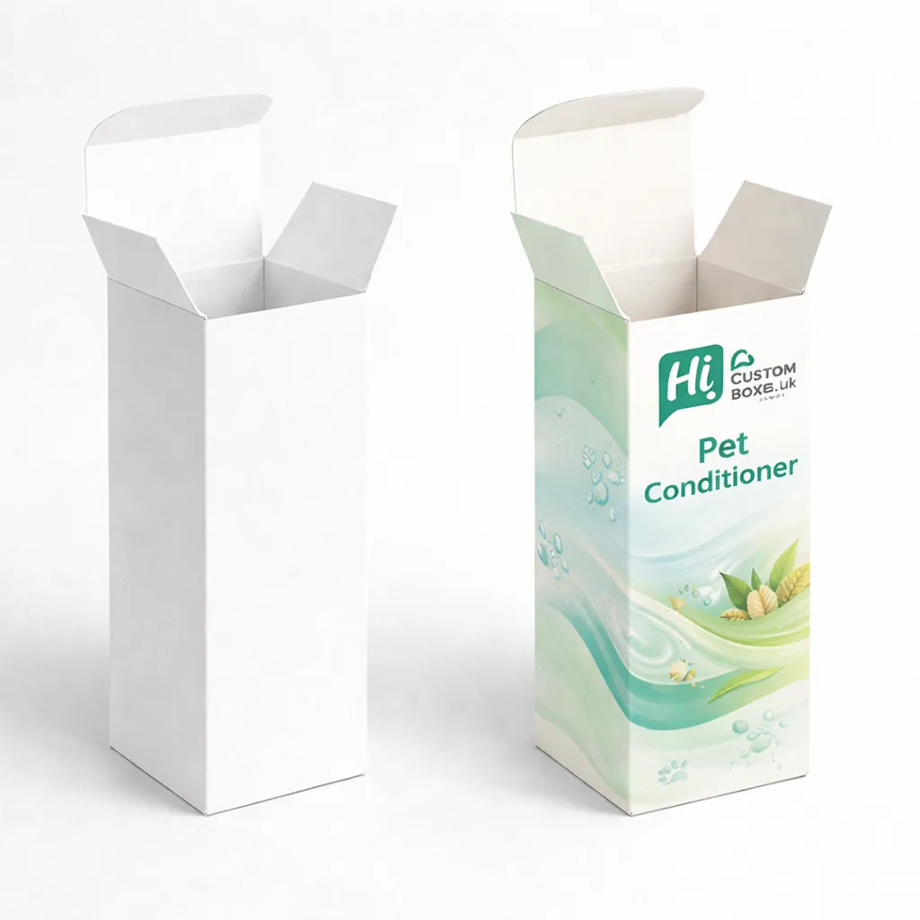 Two tall cardboard tuck-top boxes, including a branded version with teal waves and leaf motifs. class=